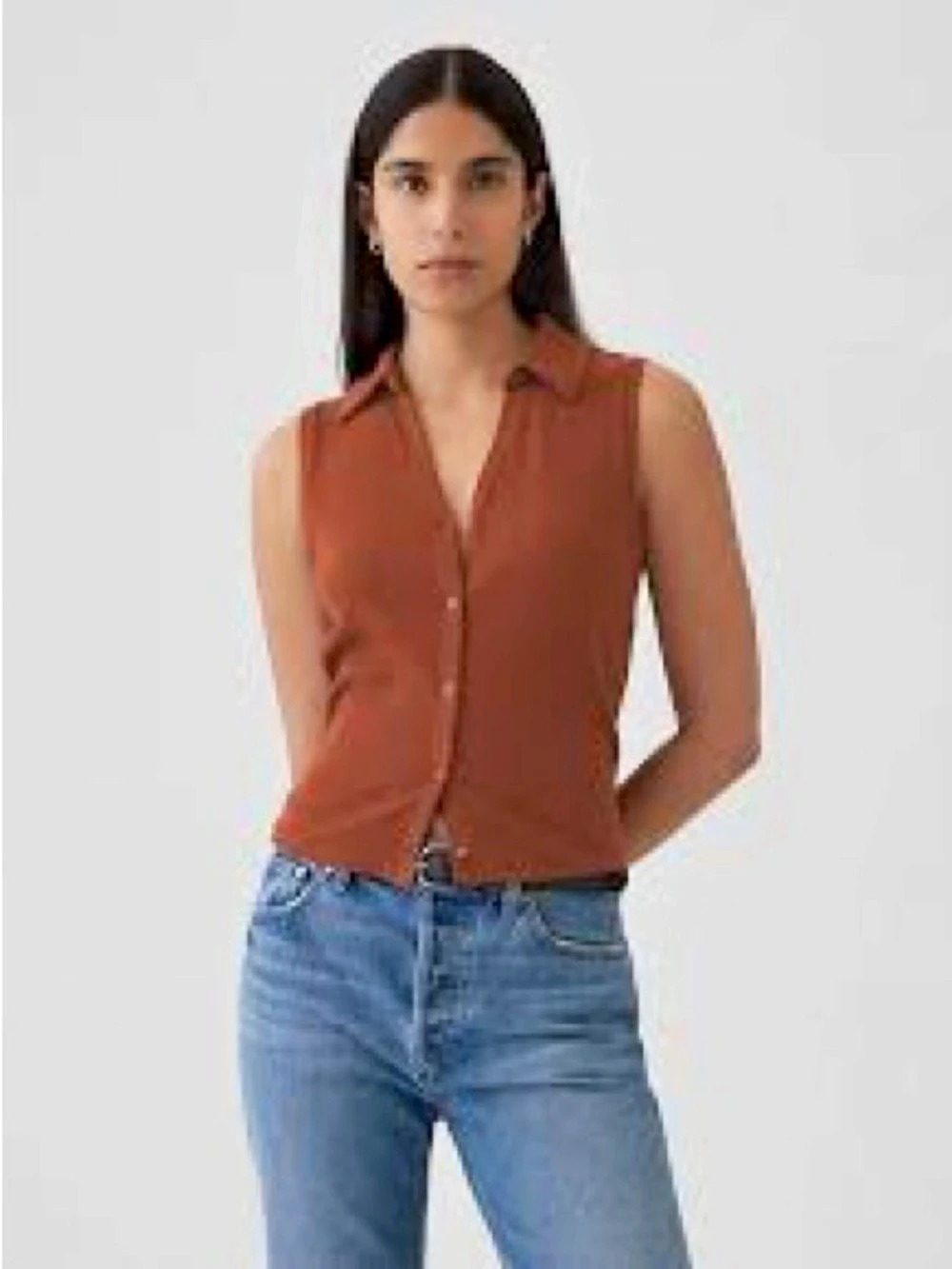 Gap Modern Rib Cropped Polo Shirt Smoked Paprika Sleeveless Button Down Top XS